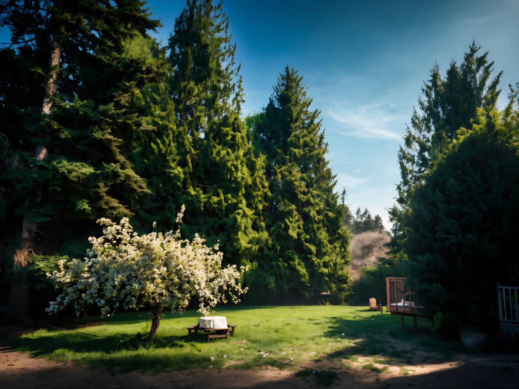 Misty meadow at sunrise with light streaming through evergreen trees