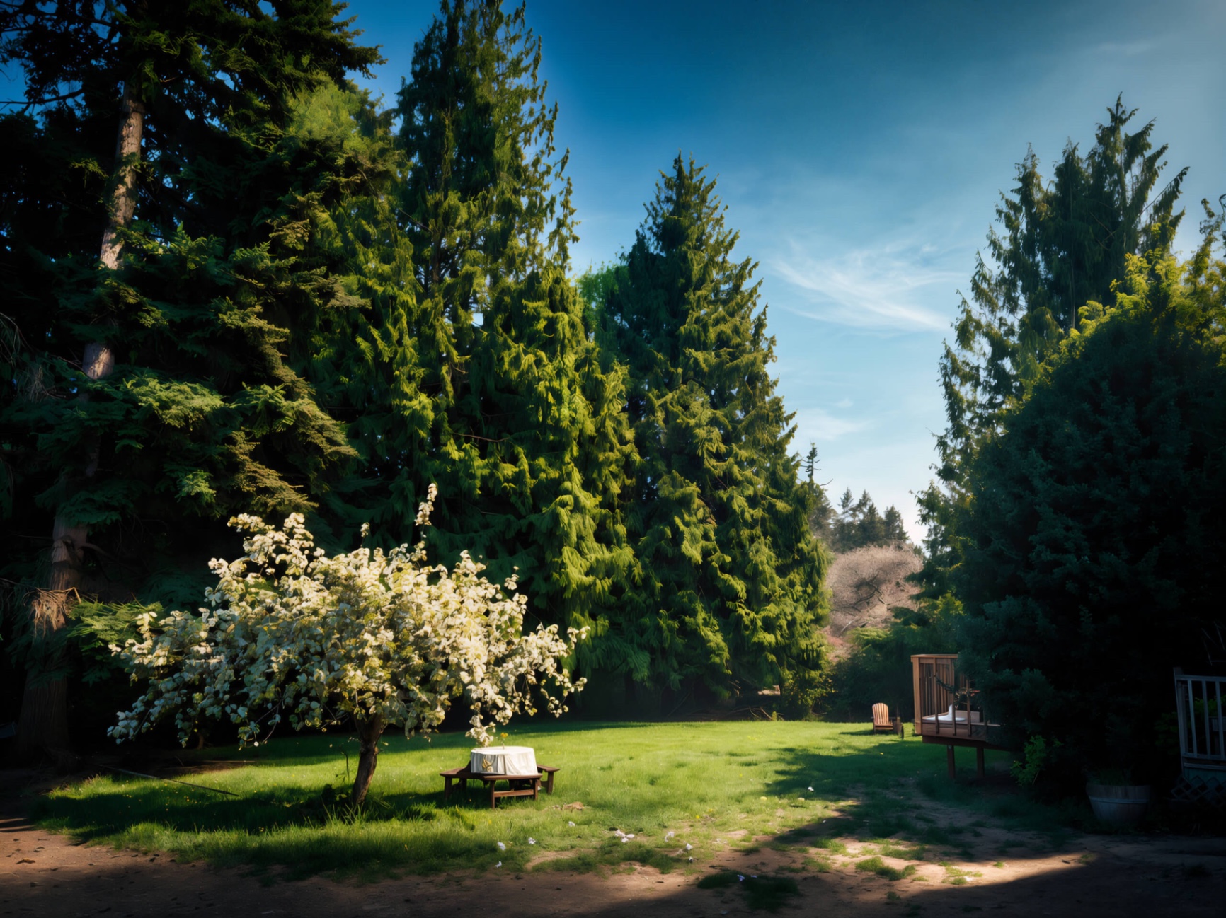 Misty meadow at sunrise with light streaming through evergreen trees